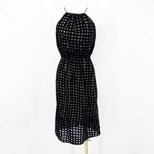 Zero To Sky Halter Midi Dress SP Black Velvet Windowpane Sheer Lined Minimalist